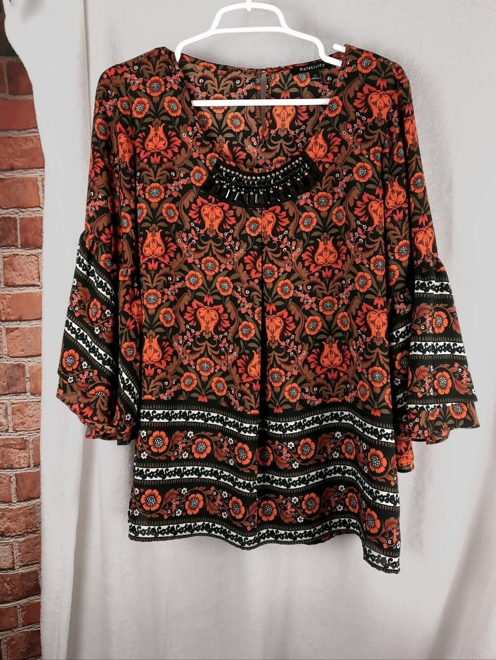 Relativity Embellished Floral Boho Blouse in Black and Orange